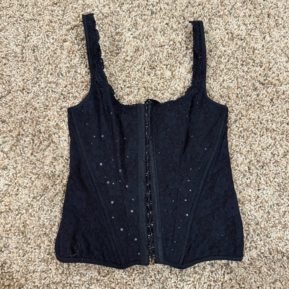 Vintage Y2K Women’s Black Goth Grunge Cute Lace Corset Top Oh Yes Sz.S